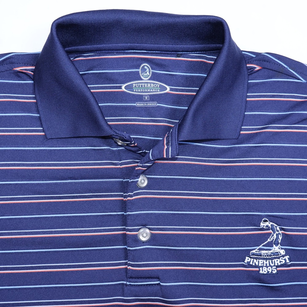 Putterboy Performance Pinehurst 1895 Mens S Navy Blue Striped‎ Golf Polo Shirt